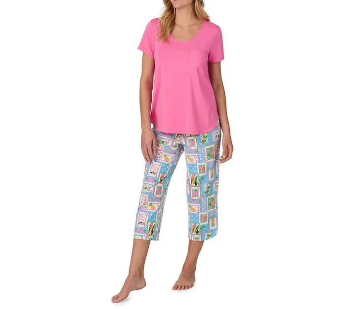 Cotton-Blend Short Sleeve Top with Cropped Pant 2-Pc Pajama Set | Summer Frame