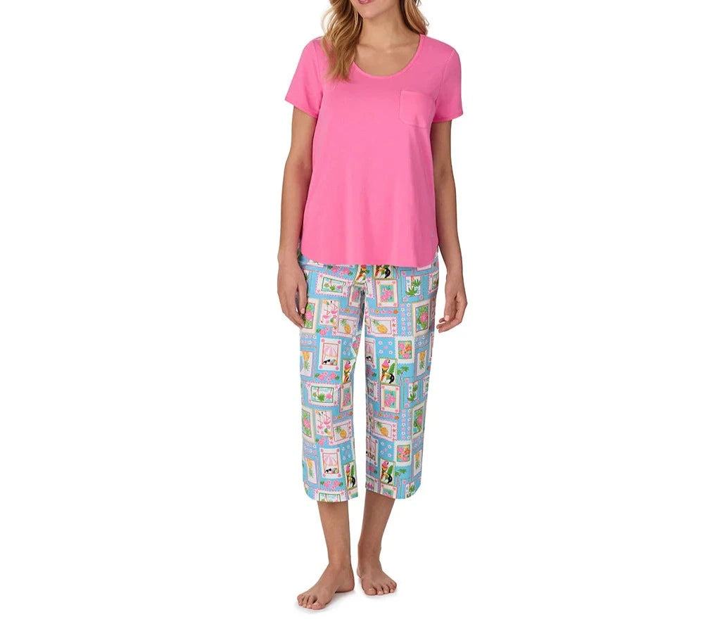 Cotton-Blend Short Sleeve Top with Cropped Pant 2-Pc Pajama Set | Summer Frame