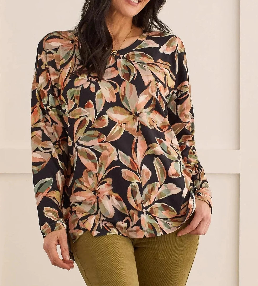 Printed Crew Neck Top With Side Slits