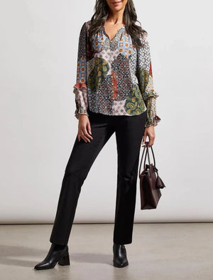 Printed Patchwork Blouse With Ruffle Details