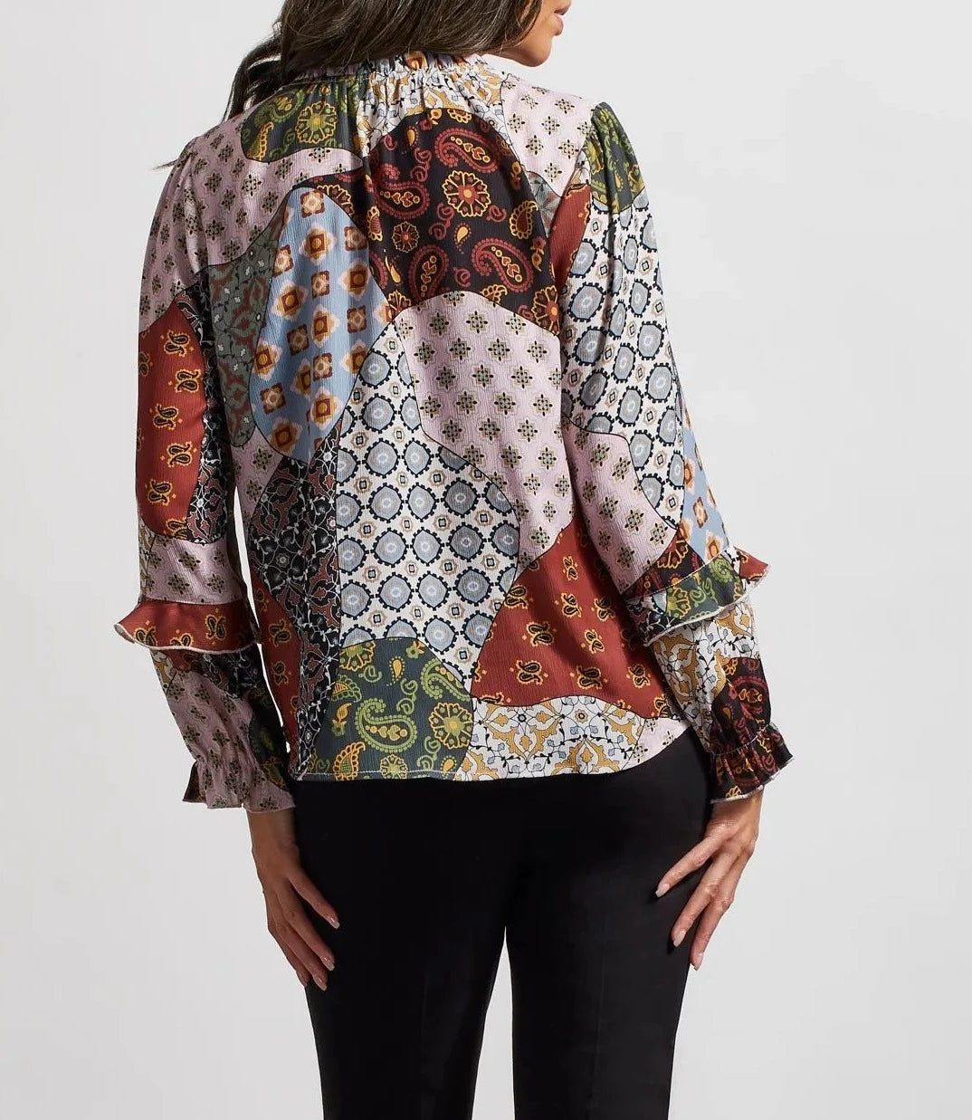 Printed Patchwork Blouse With Ruffle Details