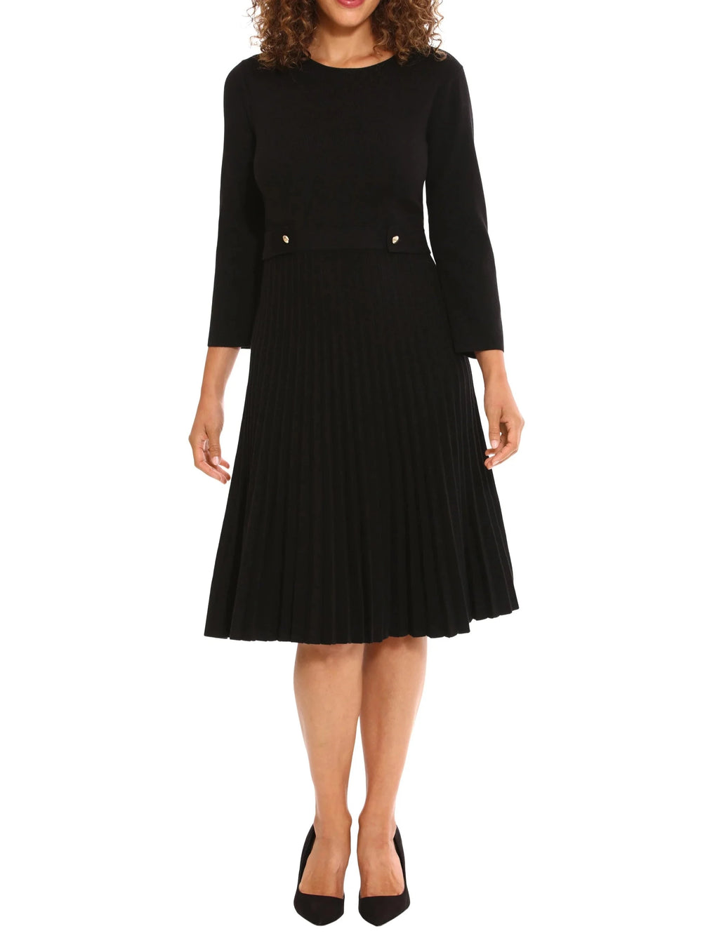 London Times Jewel Neck Pleated Flare Skirt Dress | Black