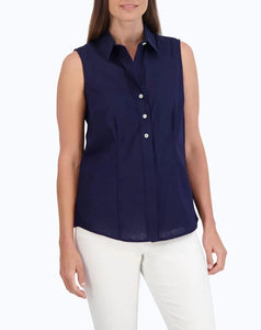 Ashley Easy Care Solid Linen Sleeveless Shirt | Navy