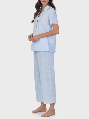 Petite Summer Magnolia Cotton Capri Pajama Set | Blue Floral