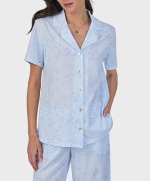 Petite Summer Magnolia Cotton Capri Pajama Set | Blue Floral