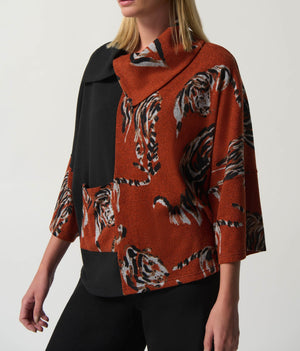 Tiger Print Overlap Collar Top