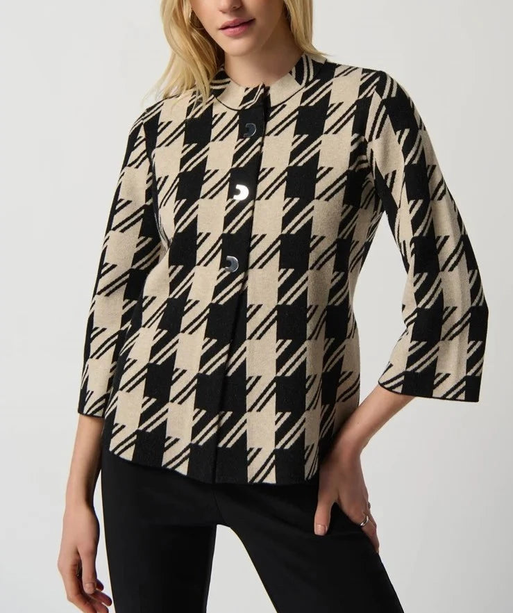 Plaid Jacquard Sweater Jacket With Mock Neck | Hound's-tooth