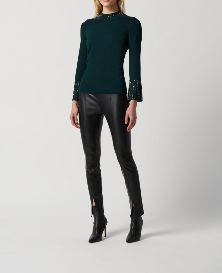 Embellished Sweater With Bell Sleeve and Mock Neck | Alpine Green