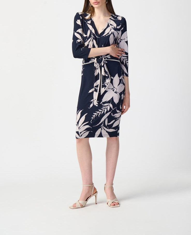 Floral Print Silky Knit Wrap Dress |Midnight Blue/Beige