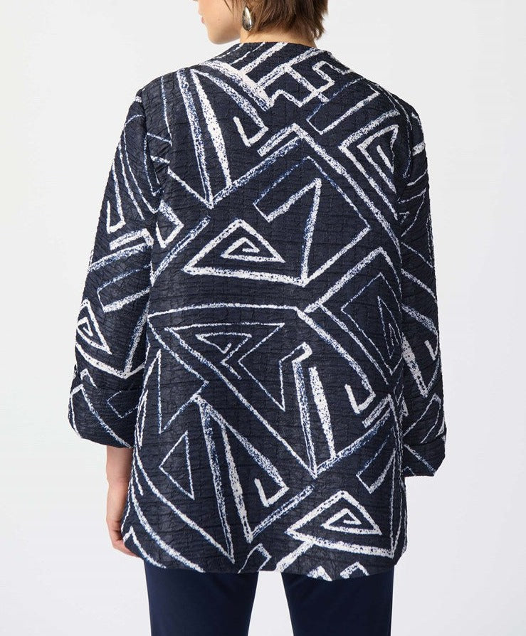 Geometric Print Woven Jacquard Swing Jacket | Midnight Blue/Vanilla