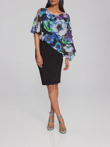 Floral Print Chiffon and Silky Knit Dress| Black Multi