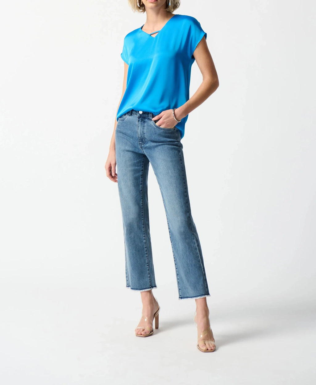 Satin Short Sleeve Top | French Blue