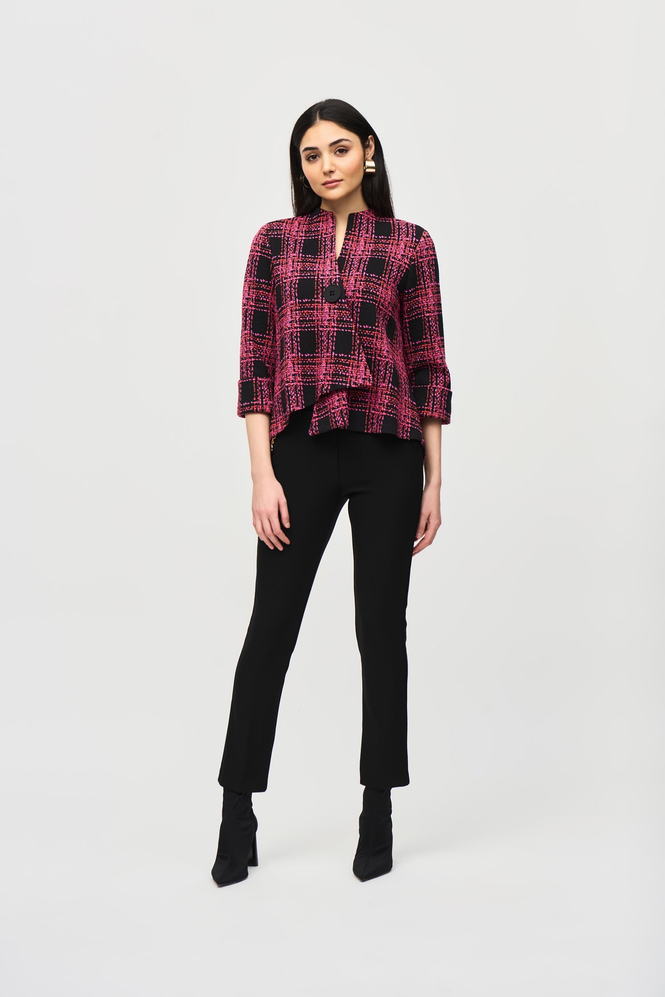 Jacquard Knit Plaid Print Swing Jacket