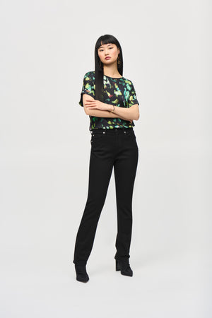 Satin Front Abstract Print Short Sleeve Top | Black Multi