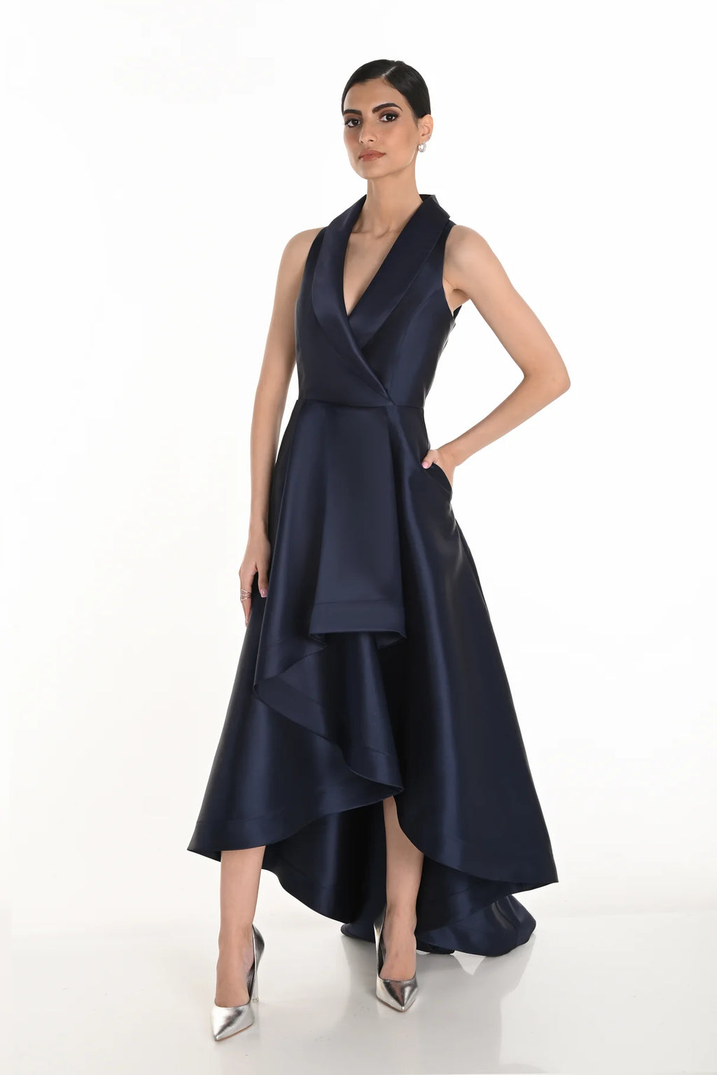 Sleeveless Faux Wrap Hi Lo Gown