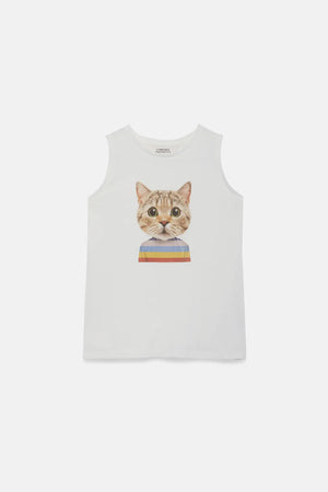 Cat Print Sleeveless Tank | White