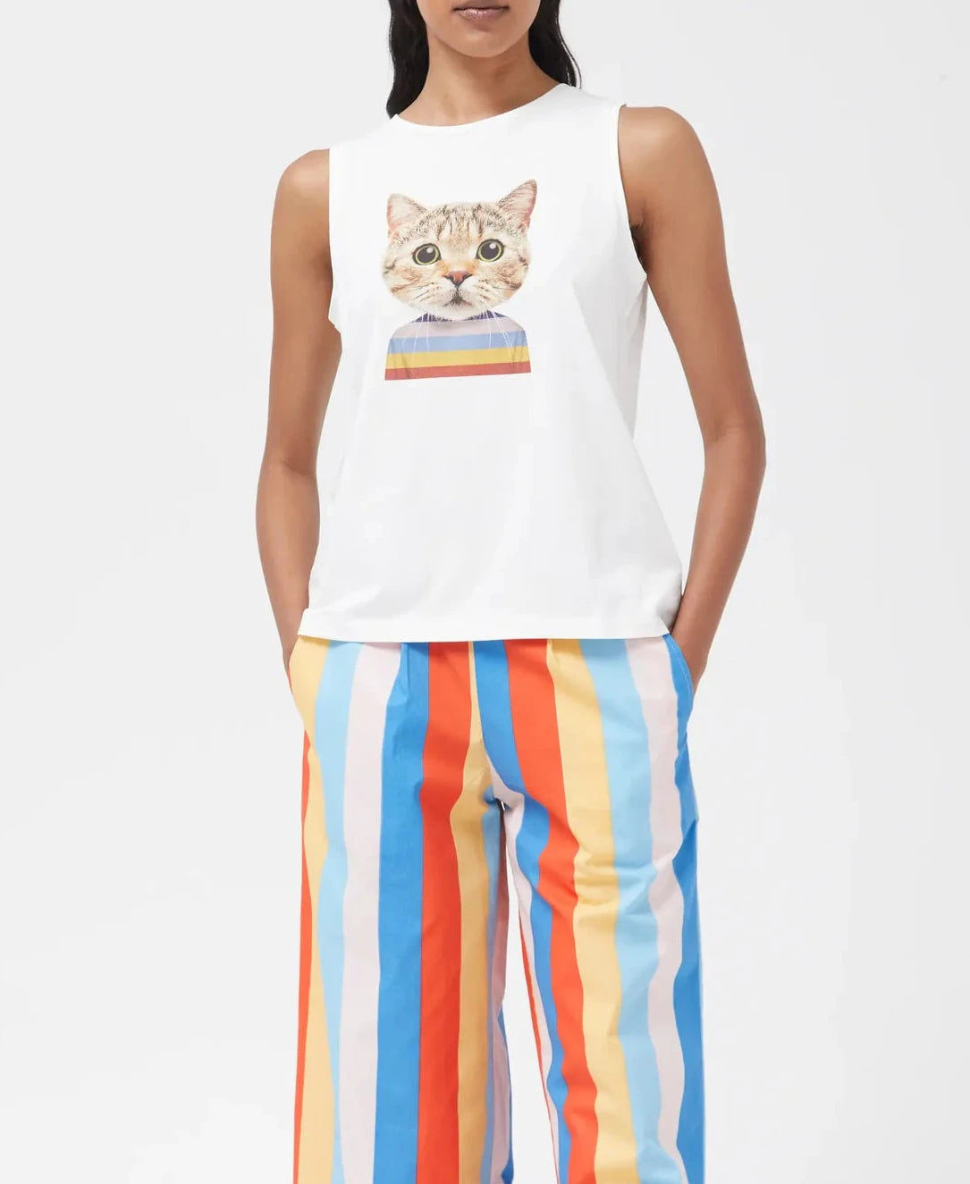 Cat Print Sleeveless Tank | White