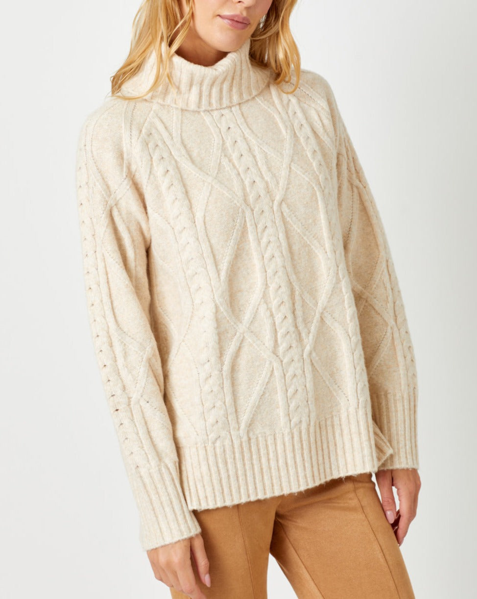 Cable Knit Turtle Neck Sweater | Almond