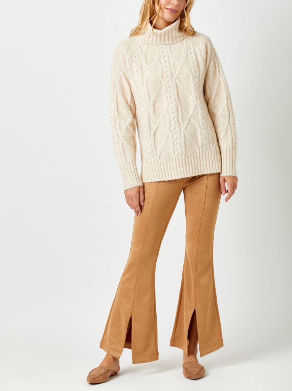 Cable Knit Turtle Neck Sweater | Almond
