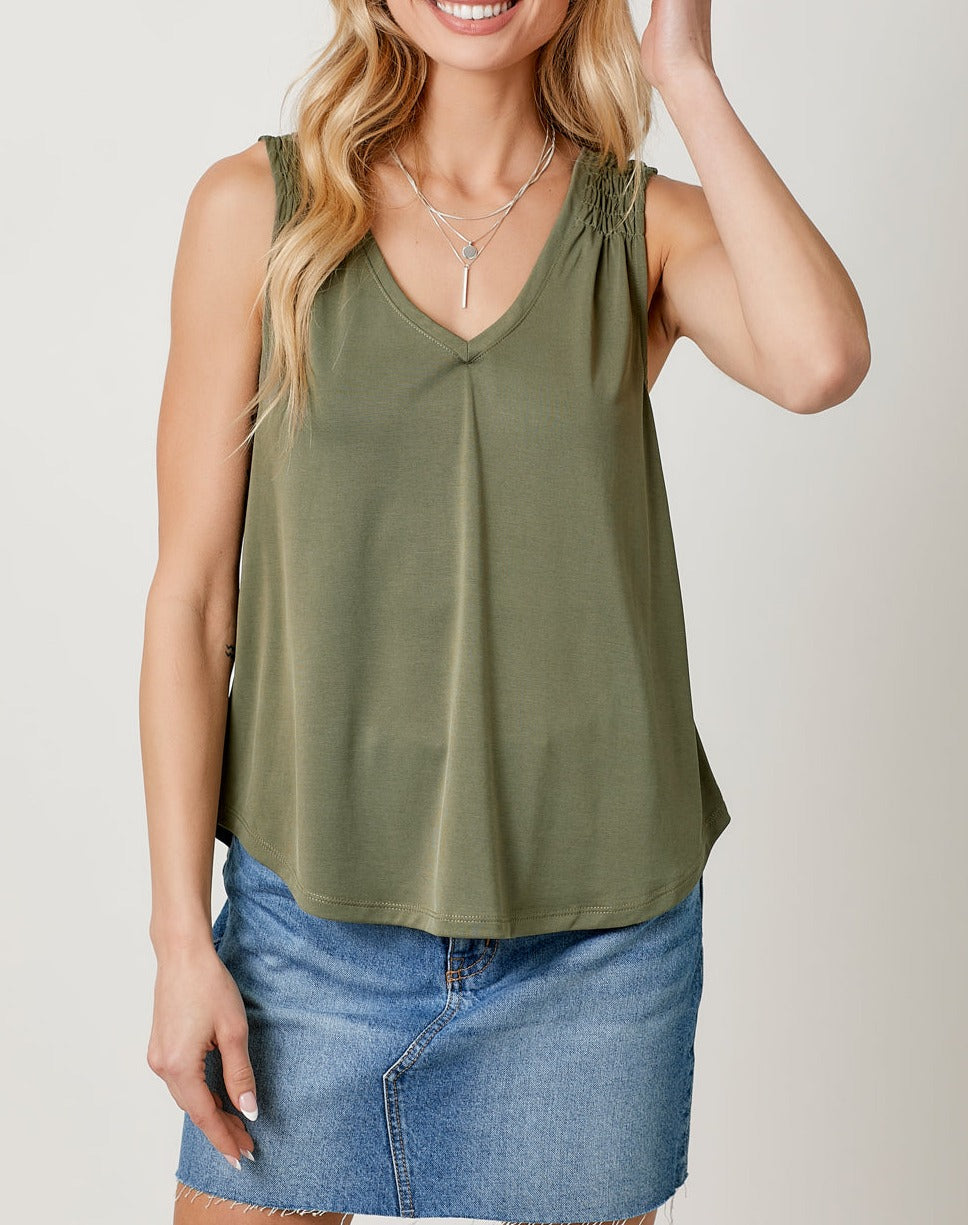 Cupro Modal Smocked Shoulder Tank | Olive