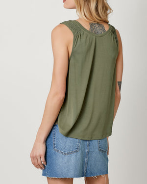 Cupro Modal Smocked Shoulder Tank | Olive