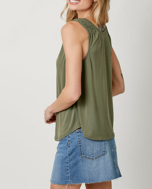 Cupro Modal Smocked Shoulder Tank | Olive