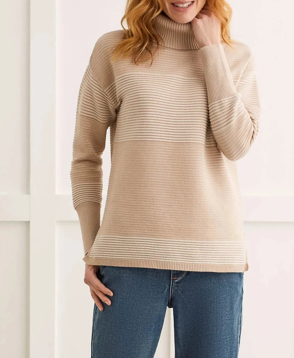 Two-Tone Ottoman Turtleneck Tunic Sweater | Cashmere