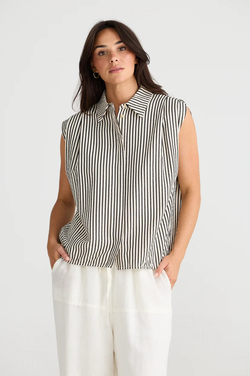 Charlie Sleeveless Striped Collared Button Front Shirt