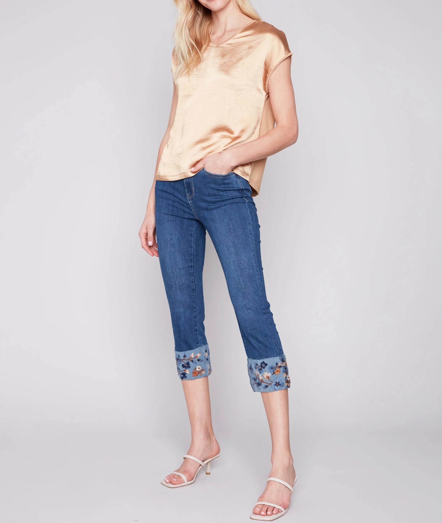 Cropped Jeans with Embroidered Cuff - Indigo