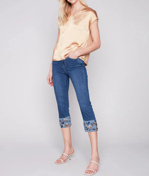 Cropped Jeans with Embroidered Cuff - Indigo