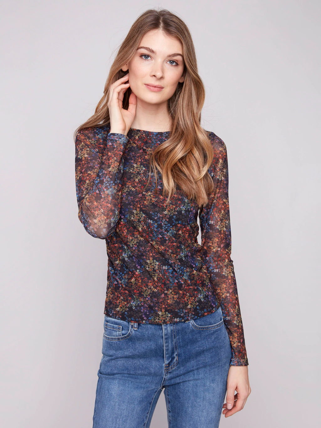 Printed Ruched Mesh Top