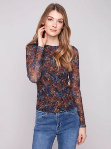 Printed Ruched Mesh Top