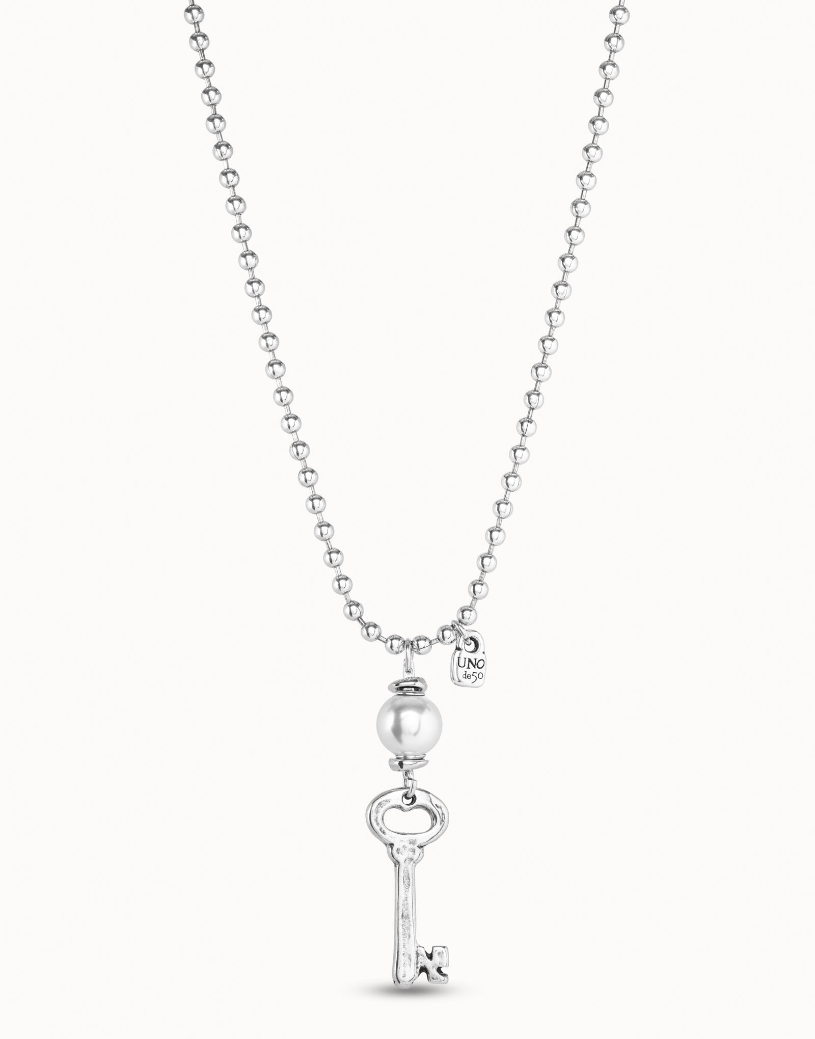 Silver Plate Necklace with Key and Pearl