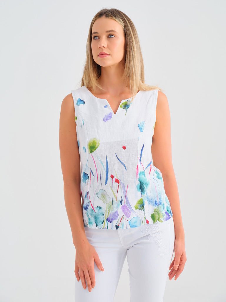 Sleeveless Split Neck Linen Art Top