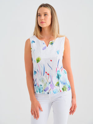 Sleeveless Split Neck Linen Art Top