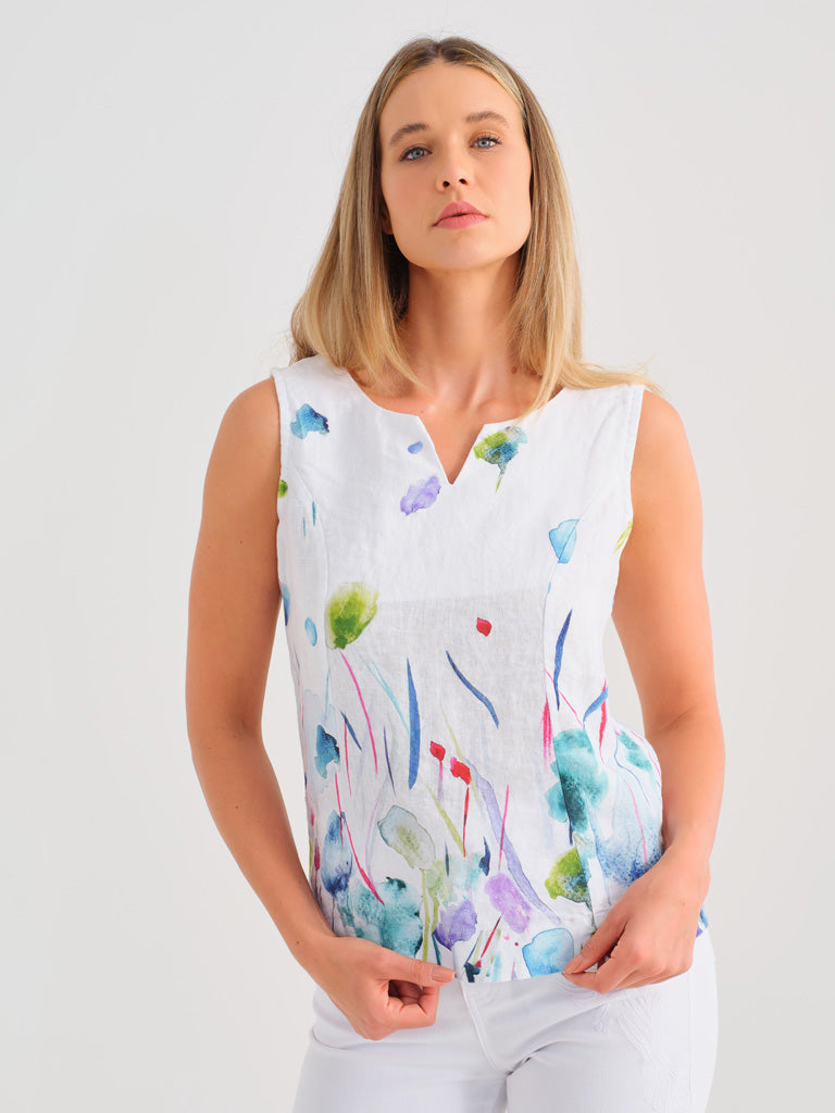 Sleeveless Split Neck Linen Art Top