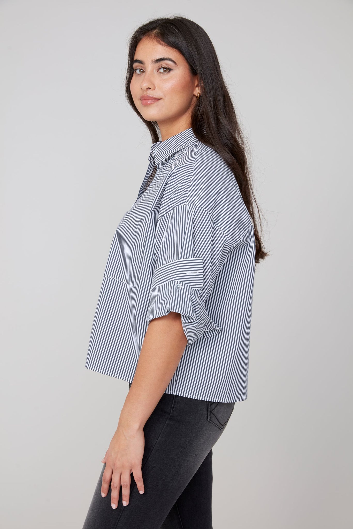 Cuffed Up Sleeve Striped Blouse