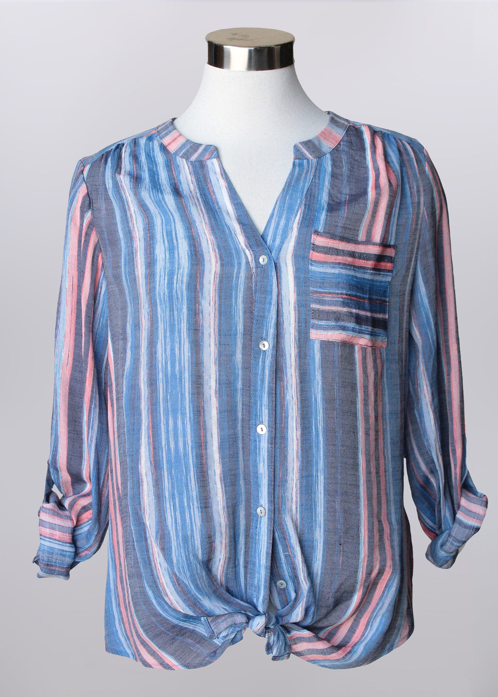Horizontal Stripe Button Blouse | Light blue, grey, coral, pink and white painted stripe