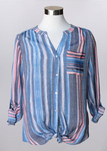 Horizontal Stripe Button Blouse | Light blue, grey, coral, pink and white painted stripe