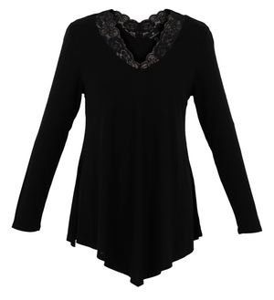 Lace V-Neck Long Sleeve Handkerchief Tee | Black