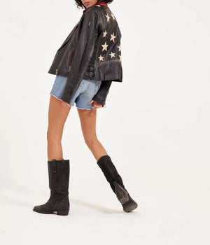 Christy RF Star Detail Leather Jacket | Vintage Black