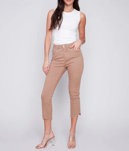 Cropped Bootcut Twill Pants with Asymmetrical Hem - Caramel