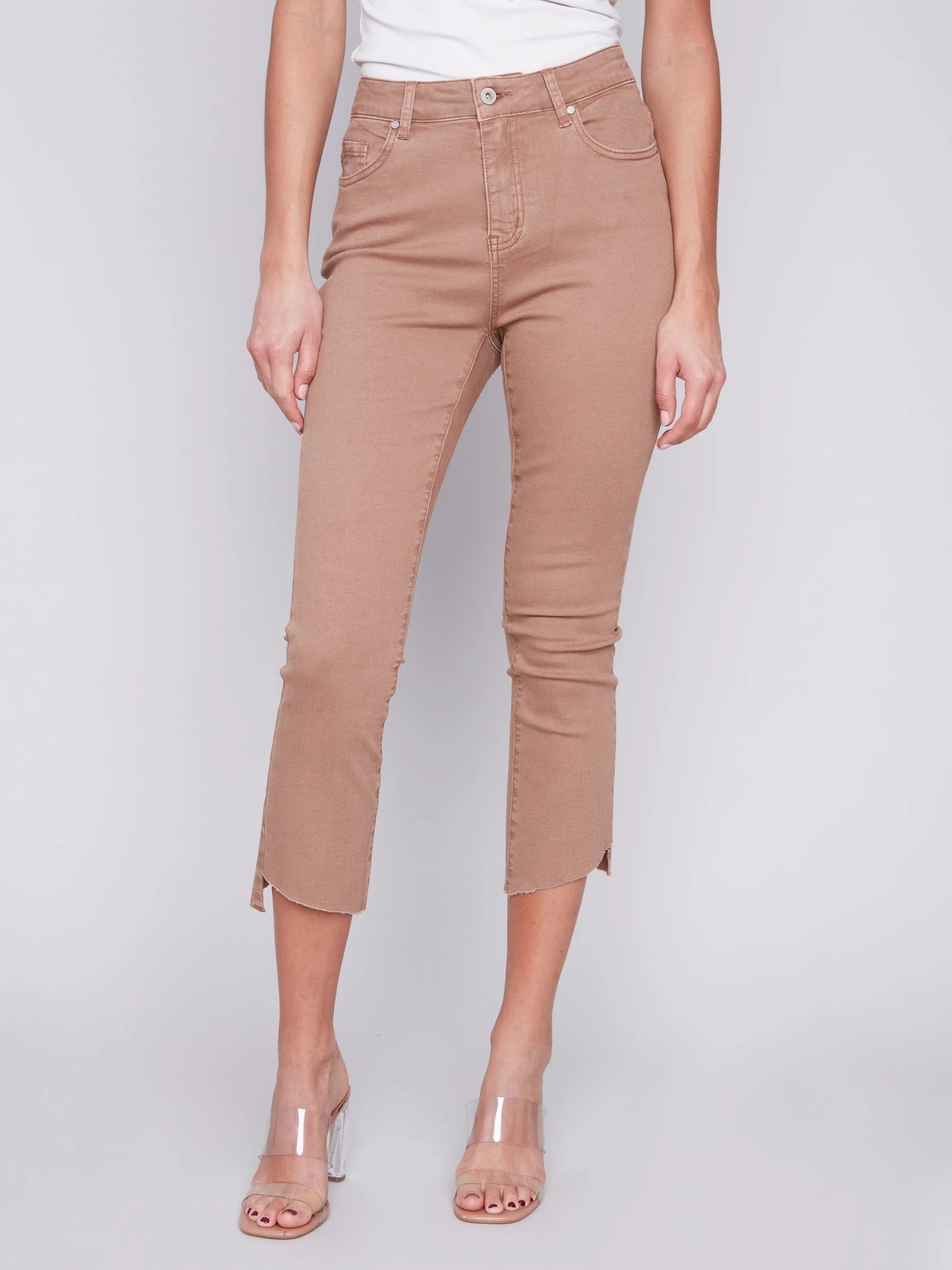 Cropped Bootcut Twill Pants with Asymmetrical Hem - Caramel