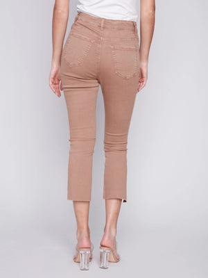 Cropped Bootcut Twill Pants with Asymmetrical Hem - Caramel