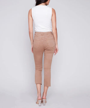 Cropped Bootcut Twill Pants with Asymmetrical Hem - Caramel