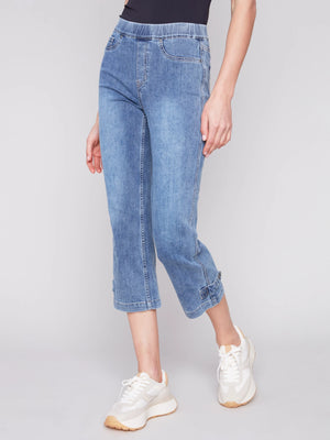 Cropped Pull-On Jeans with Hem Tab | Medium Blue