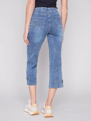 Cropped Pull-On Jeans with Hem Tab | Medium Blue