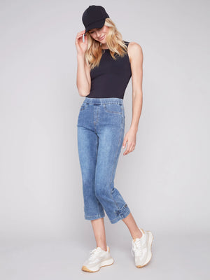 Cropped Pull-On Jeans with Hem Tab | Medium Blue