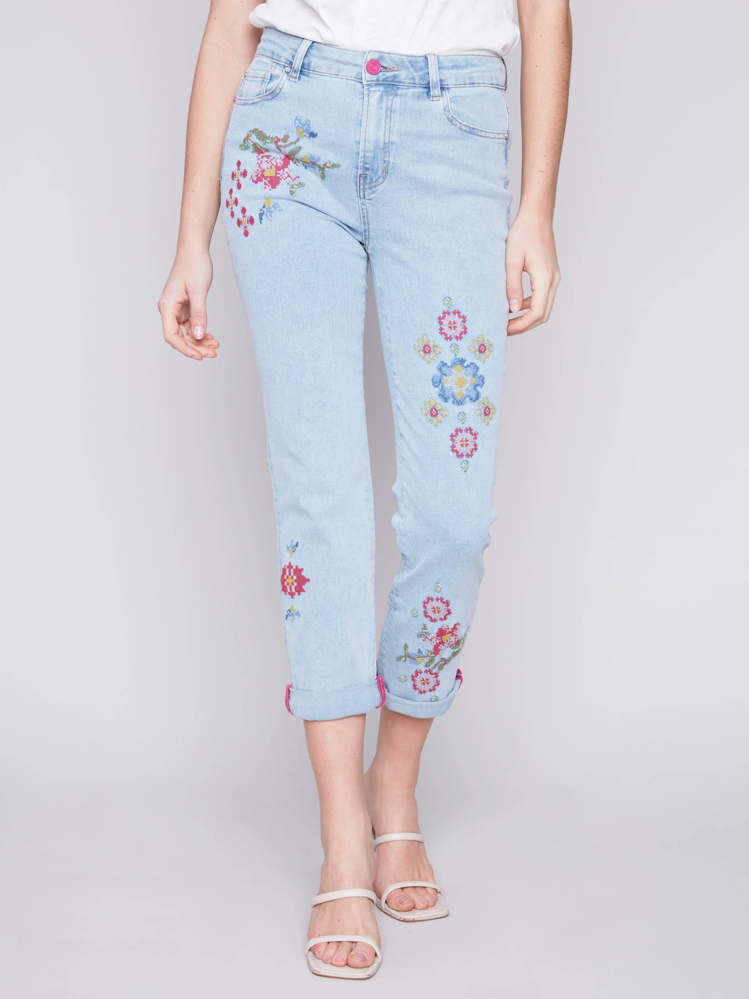 Cross Stitch Embroidered Jeans | Bleach Blue