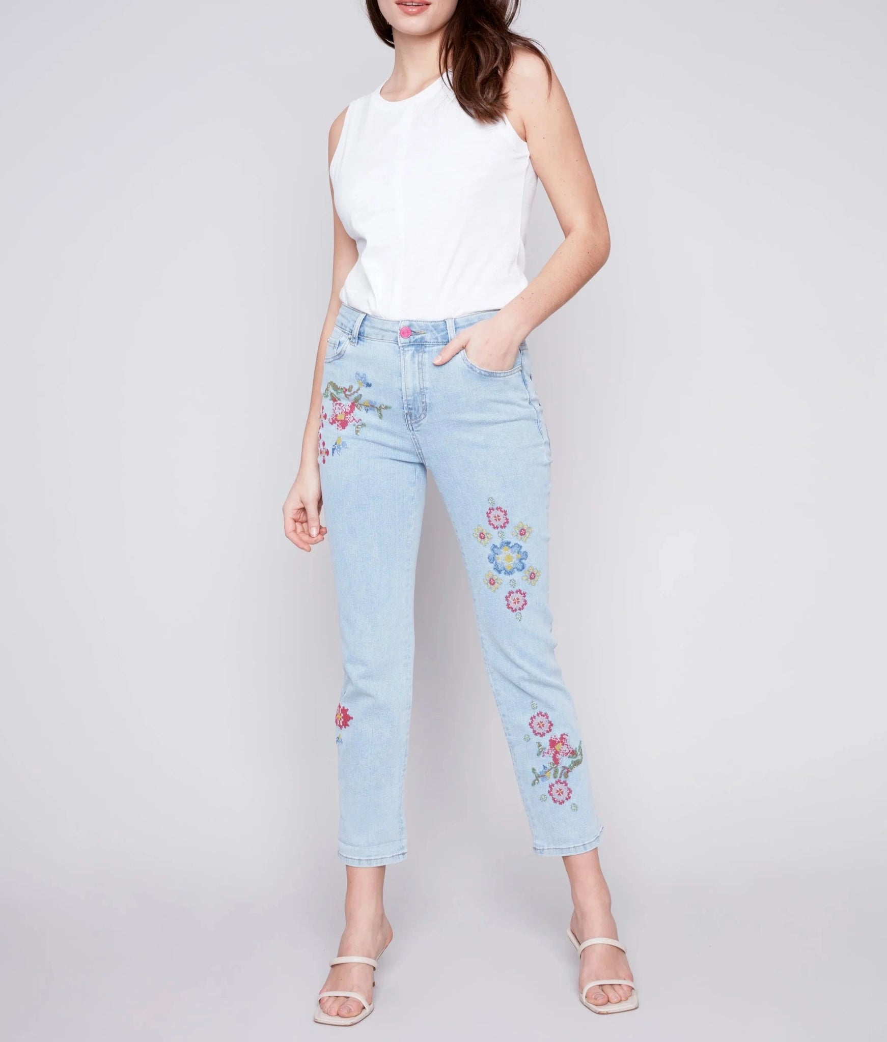 Cross Stitch Embroidered Jeans | Bleach Blue